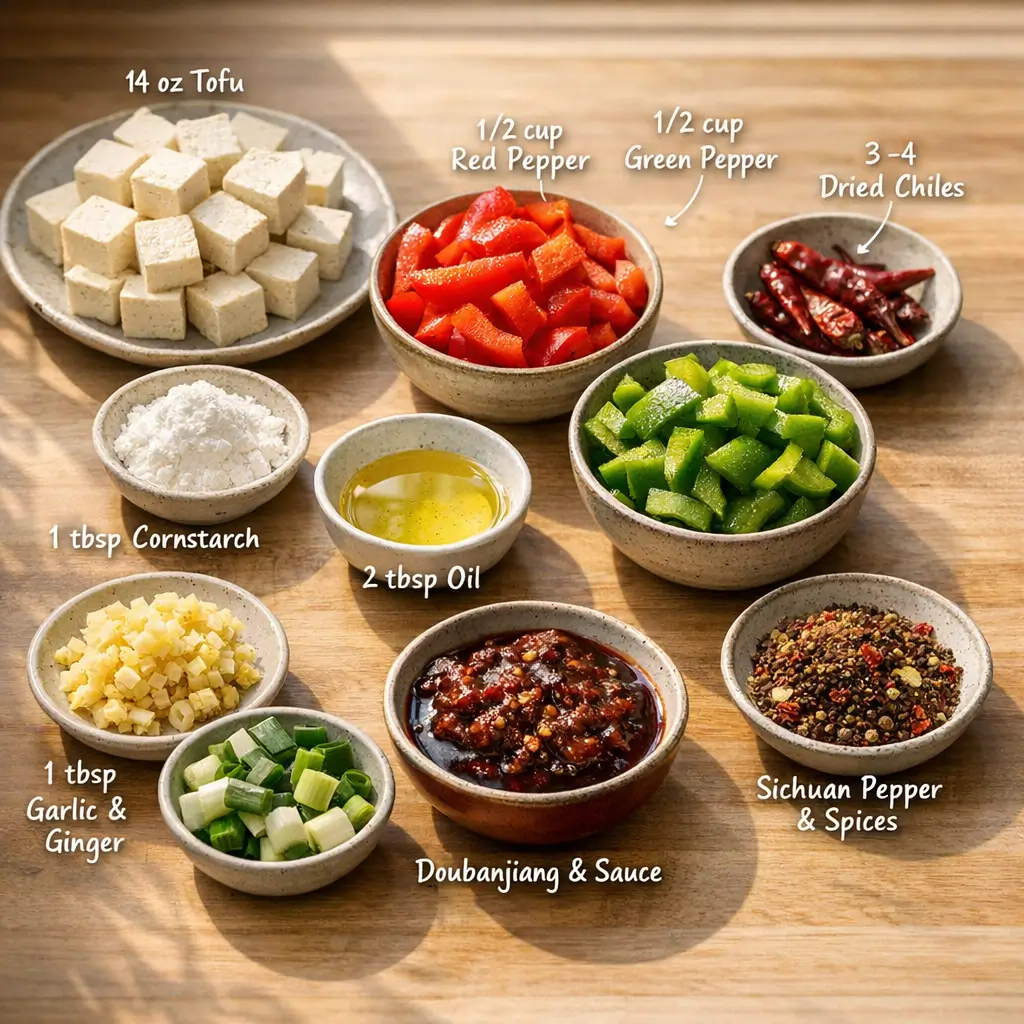 Prepared ingredients for Szechuan Tofu Stir-Fry including tofu, bell peppers, garlic, ginger, and Sichuan peppercorns