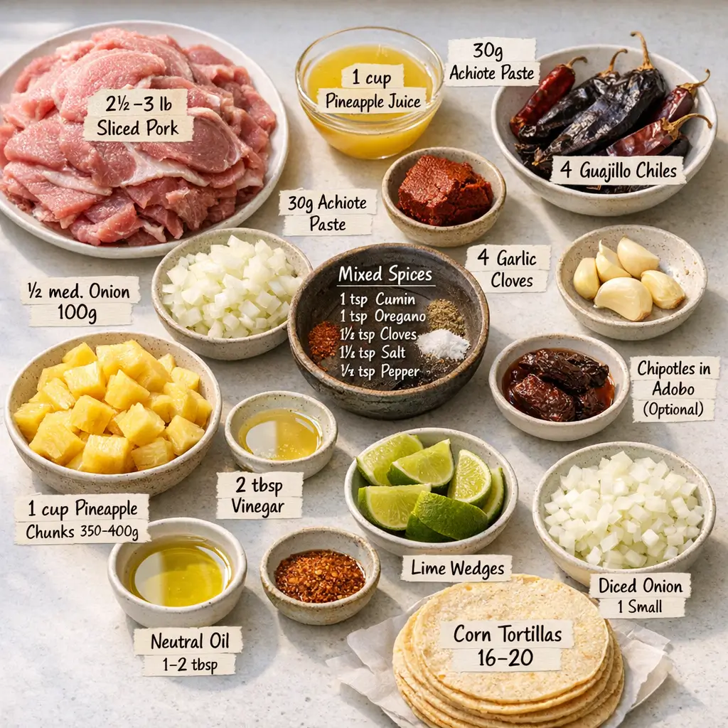 Tacos al Pastor ingredients including sliced pork, dried chiles, pineapple, achiote paste, and fresh garnishes