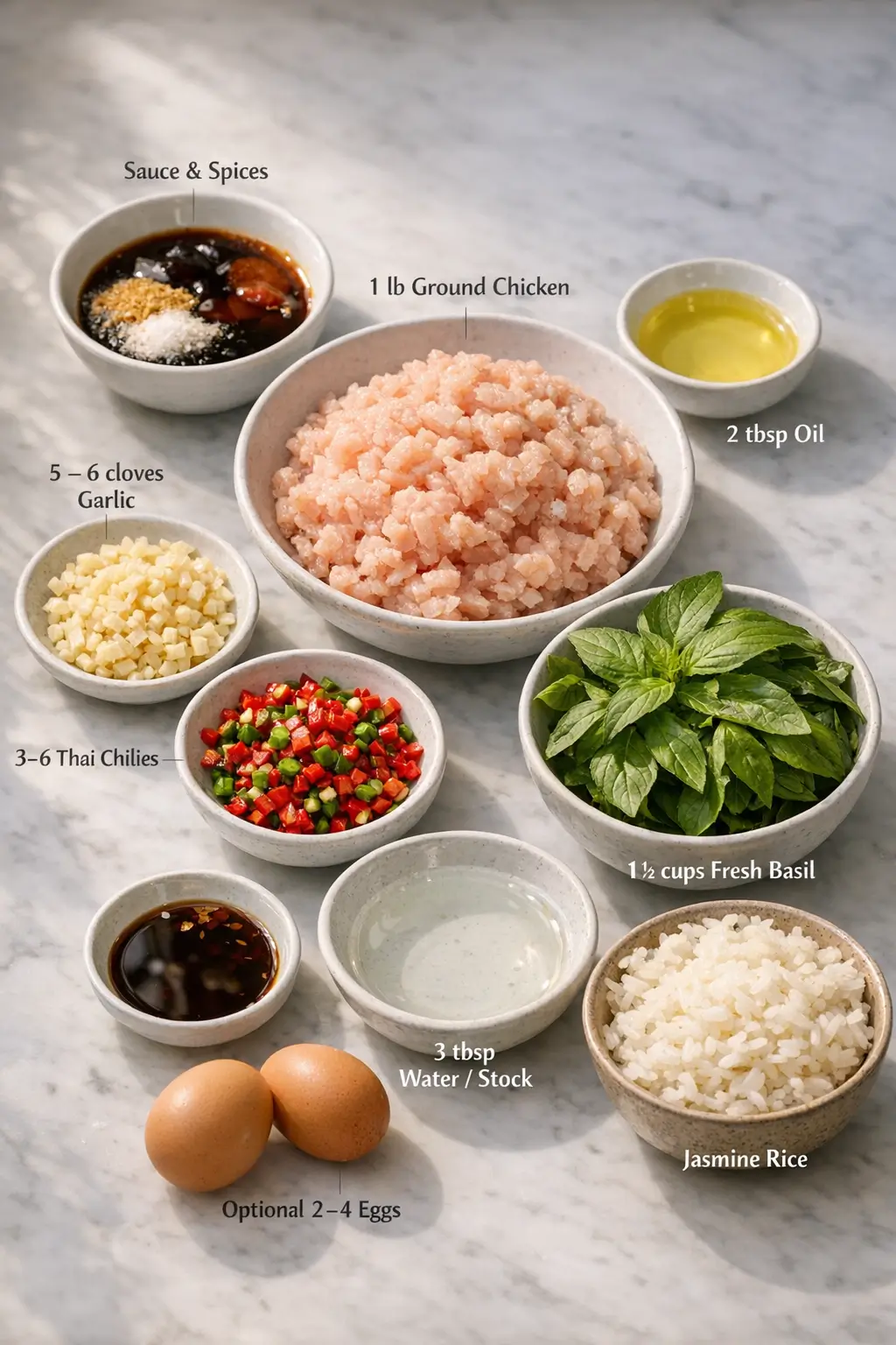 Prepared ingredients for Thai Basil Chicken including ground chicken, chilies, garlic, sauces, and fresh basil.