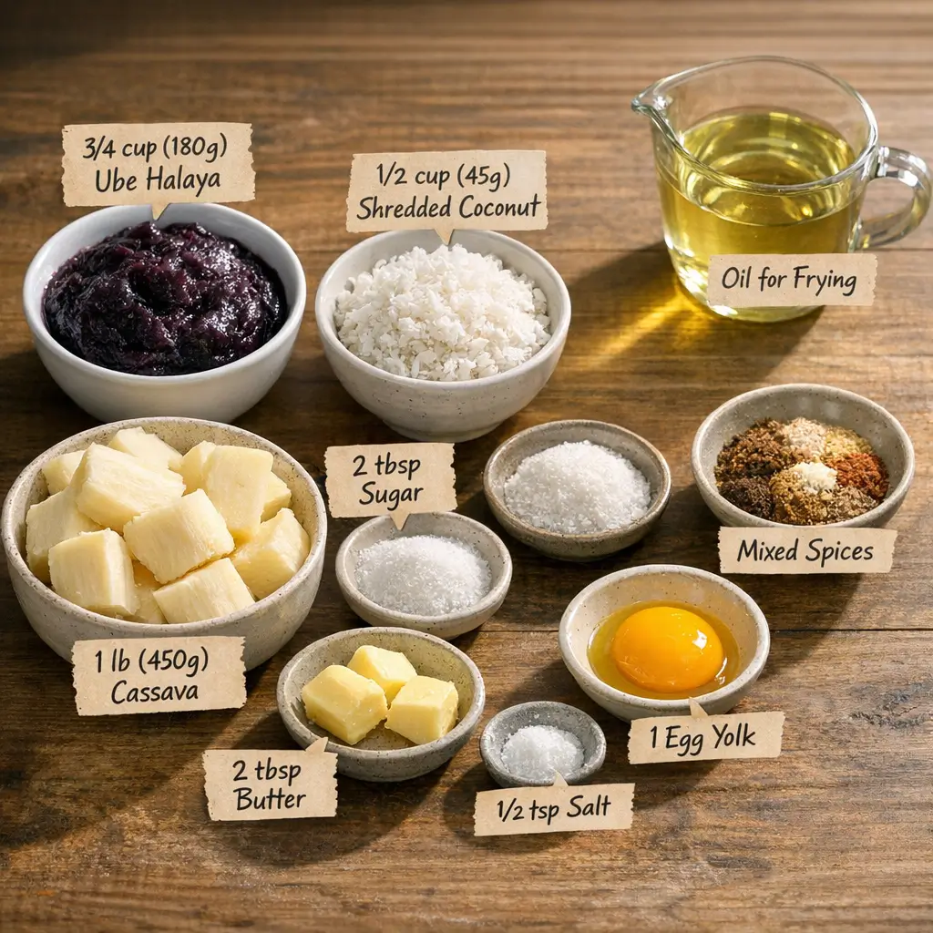 Ingredients for making ube coconut fritters, including cassava, ube halaya, and shredded coconut