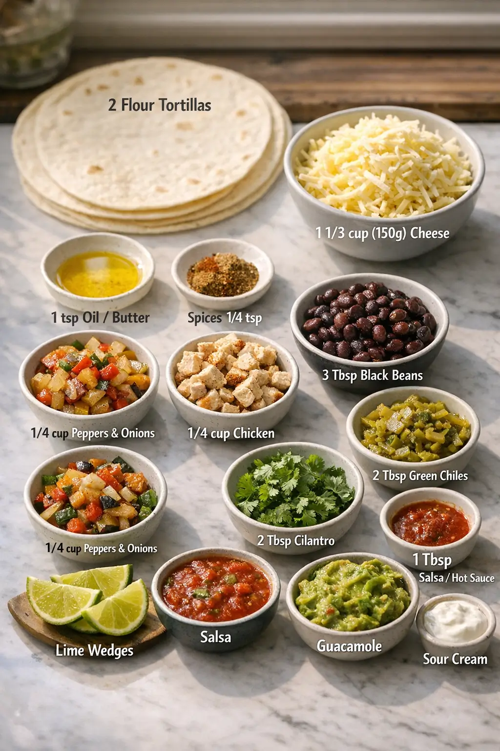 Ingredients for upside-down quesadilla including tortillas, shredded cheese, and optional fillings like beans and peppers