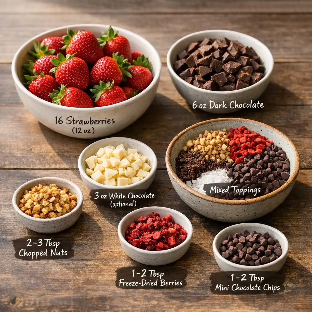 Ingredients assembled for making chocolate-covered strawberries