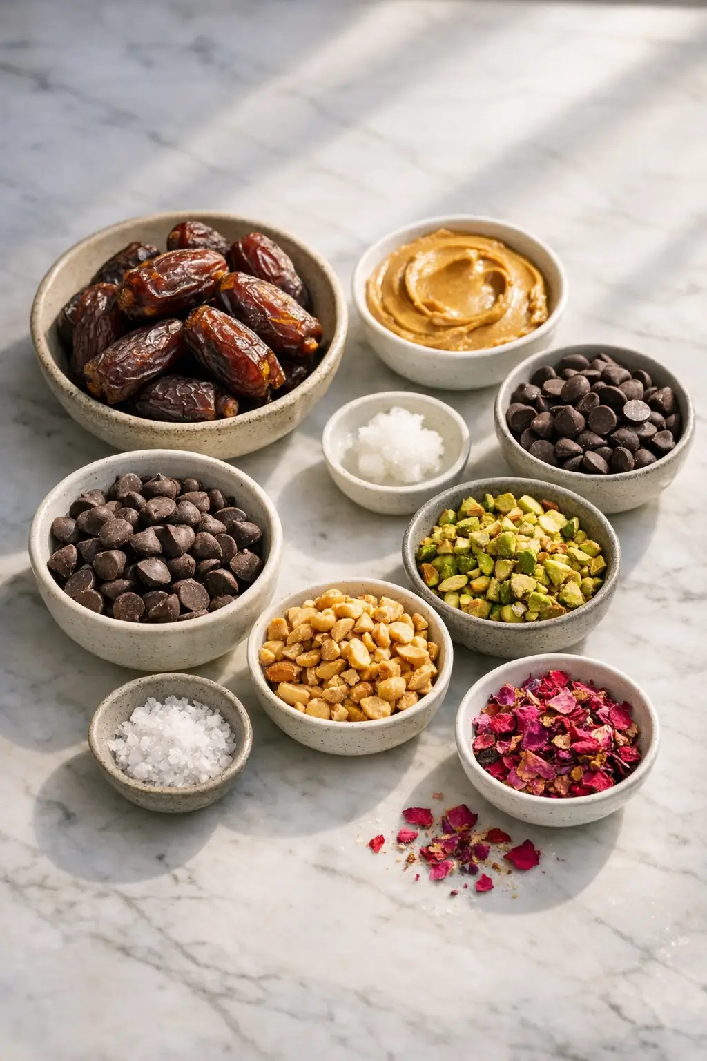 Ingredients for Viral Date Bark including Medjool dates, peanut butter, chocolate, peanuts, rose petals, and flaky sea salt