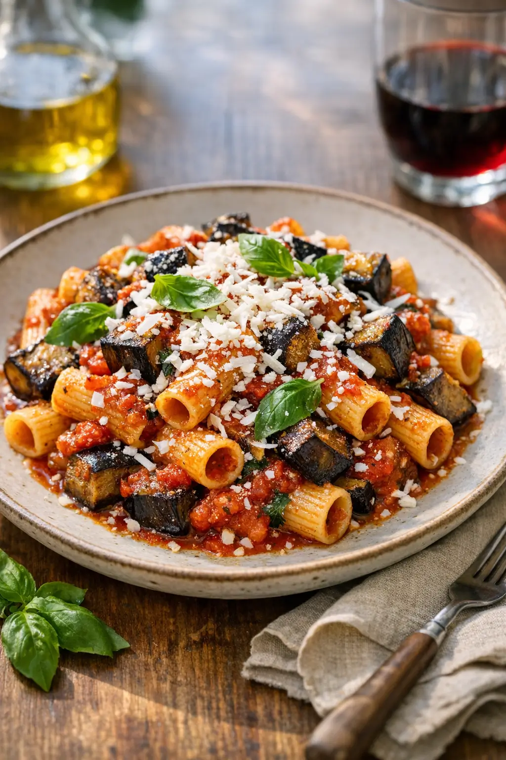 Bowl of Pasta alla Norma topped with golden eggplant, basil, and grated ricotta salata
