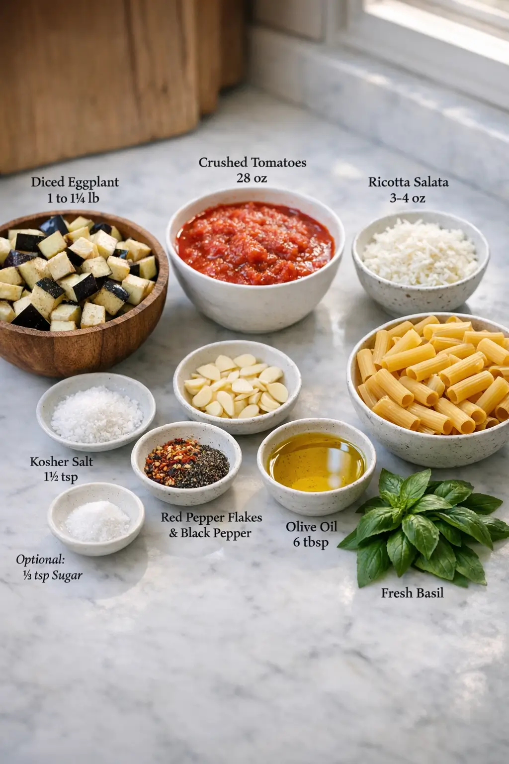 Ingredients for Pasta alla Norma, including cubed eggplant, garlic, fresh basil, and ricotta salata
