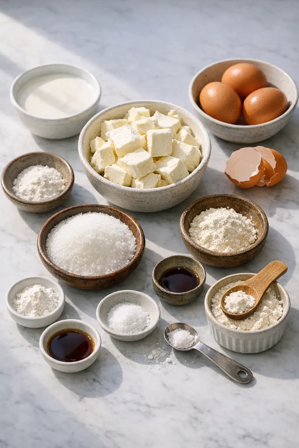 Ingredients for Basque cheesecake including cream cheese, eggs, sugar, and parchment paper on a kitchen counter