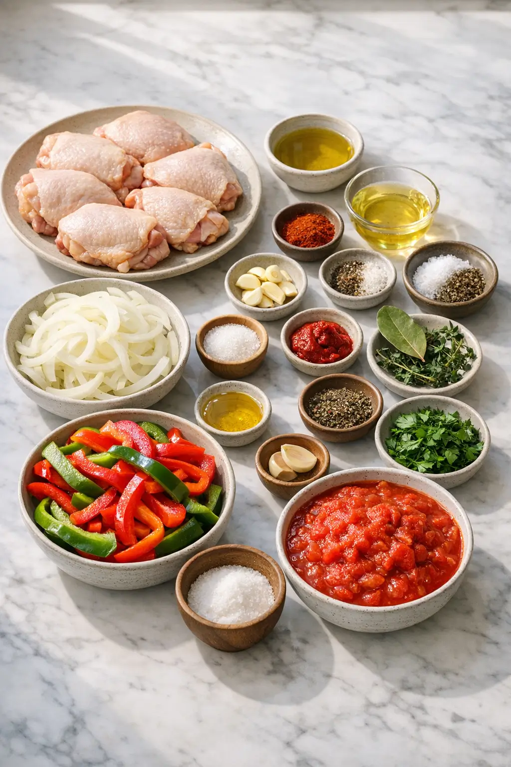 Ingredients for Basque chicken including chicken thighs, bell peppers, onions, garlic, and tomatoes