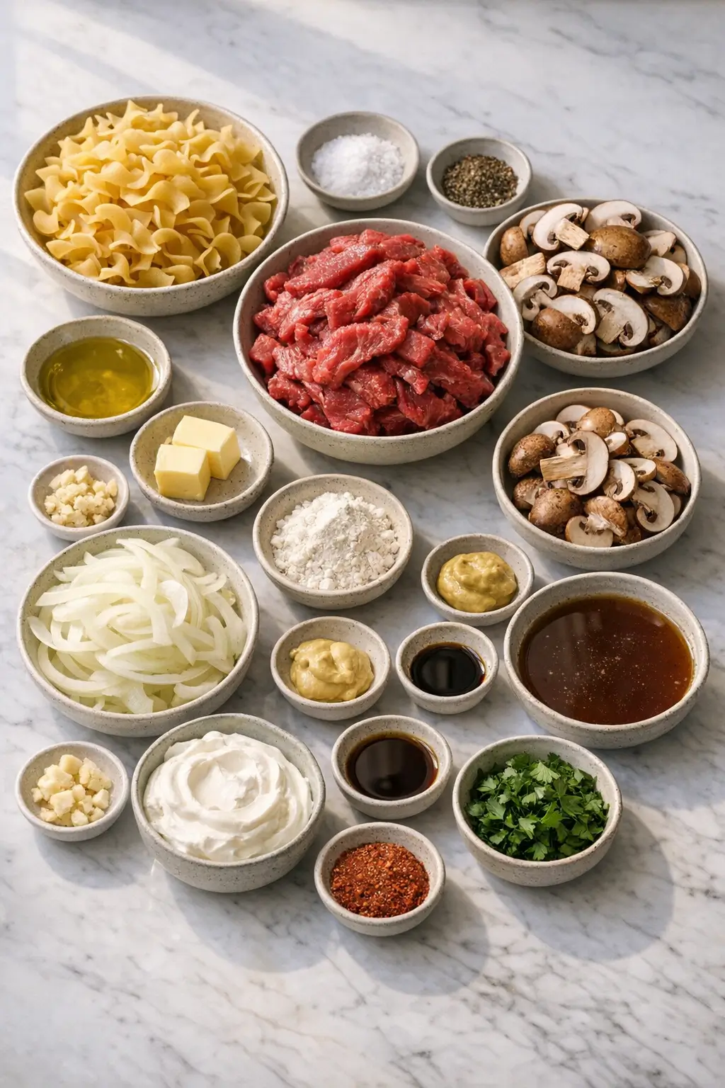 Ingredients laid out for making Beef Stroganoff, including beef, mushrooms, onion, and sour cream