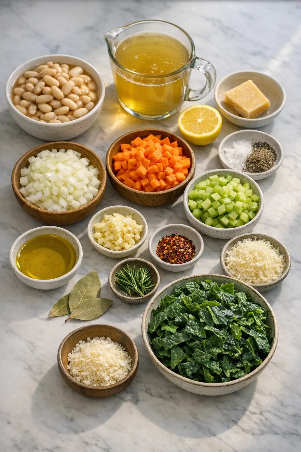 Ingredients laid out for Tuscan white bean soup, including cannellini beans, kale, carrots, celery, rosemary, and Parmesan rind