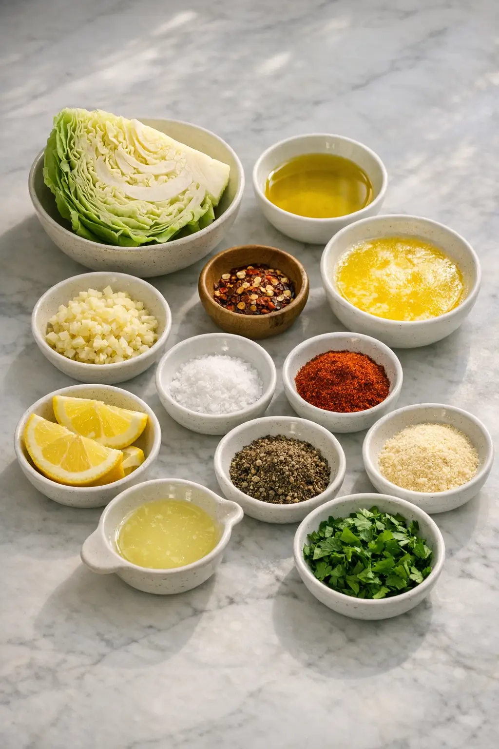 Ingredients for cabbage boil-style wedges with garlic butter: cabbage, olive oil, butter, garlic and spices