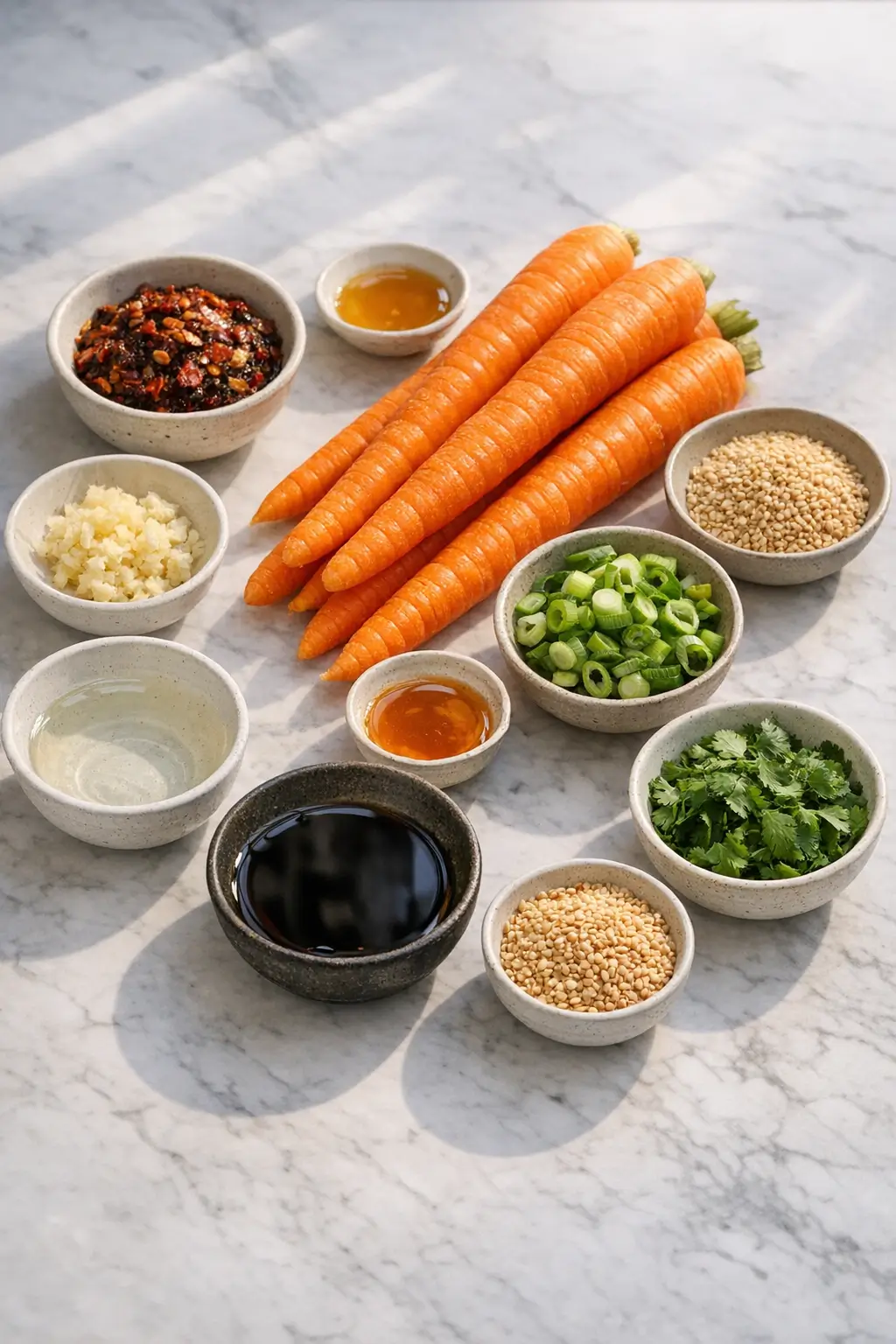 Peeled carrots, sliced scallions, measured bowls of rice vinegar, soy sauce, sesame oil, chili crisp and sesame seeds arranged for carrot salad