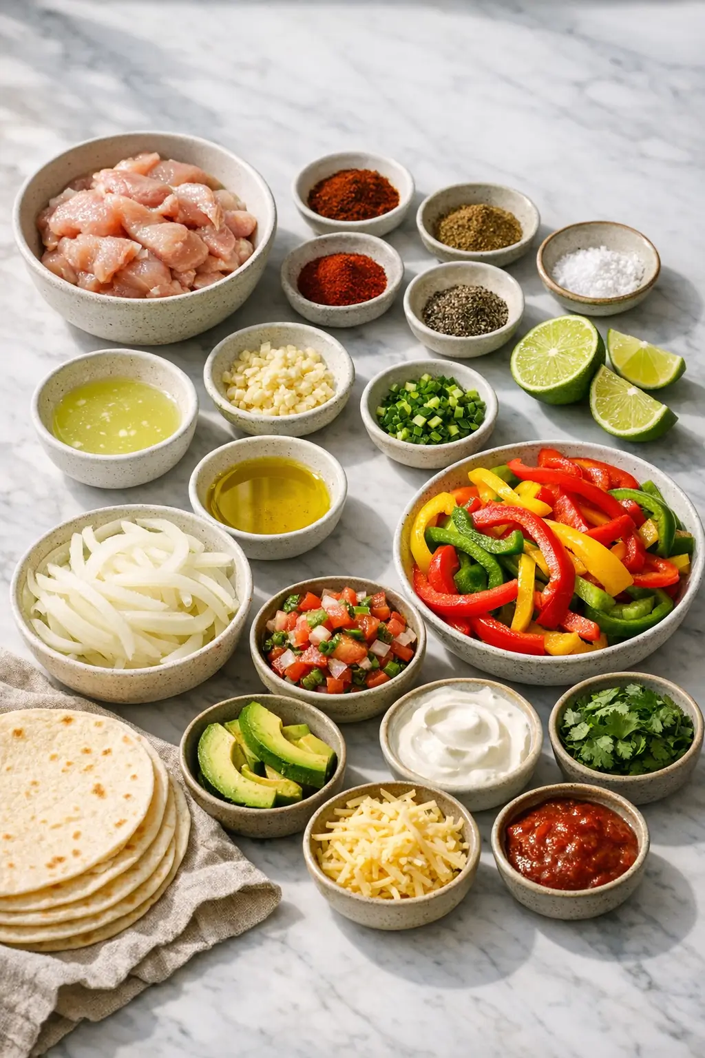 Raw ingredients for chicken fajitas, including bell peppers, onions, and marinated chicken