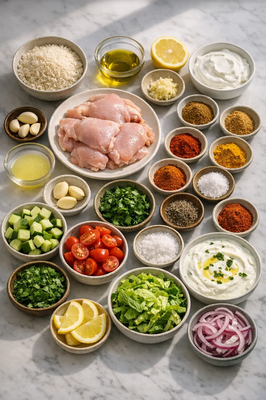 Ingredients for chicken shawarma bowls including spices, yogurt, lemon, and fresh vegetables