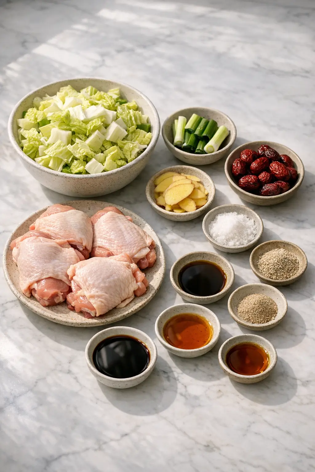 Prepared ingredients for Chinese waterless braised chicken, including napa cabbage, ginger, jujubes, and seasoned chicken thighs