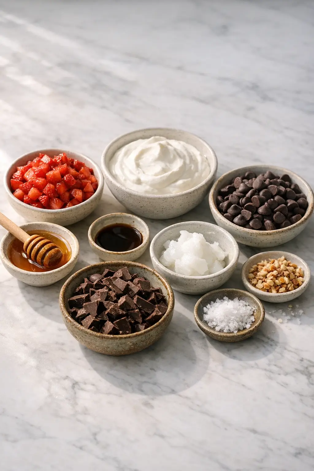 Diced strawberries, Greek yogurt, chocolate, and other ingredients for making yogurt clusters