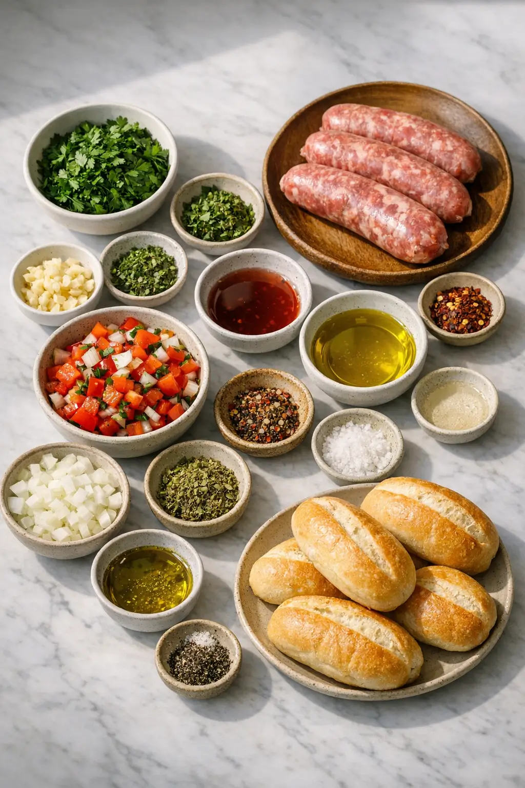 Ingredients for choripán including Argentine chorizo, crusty rolls, and chimichurri components