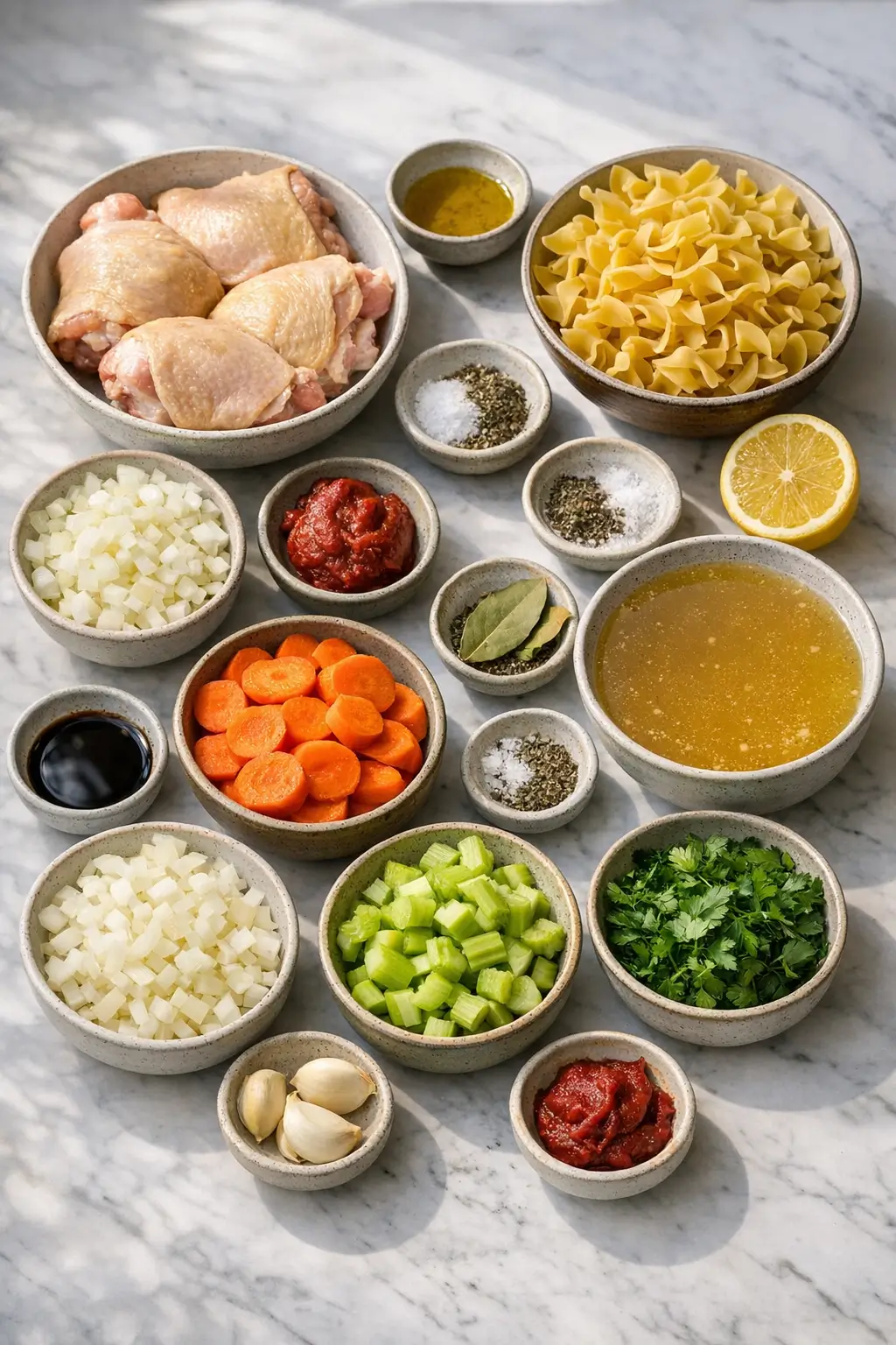 Ingredients for classic chicken noodle soup including chicken thighs, egg noodles, carrots, celery, and aromatics laid out on a prep surface