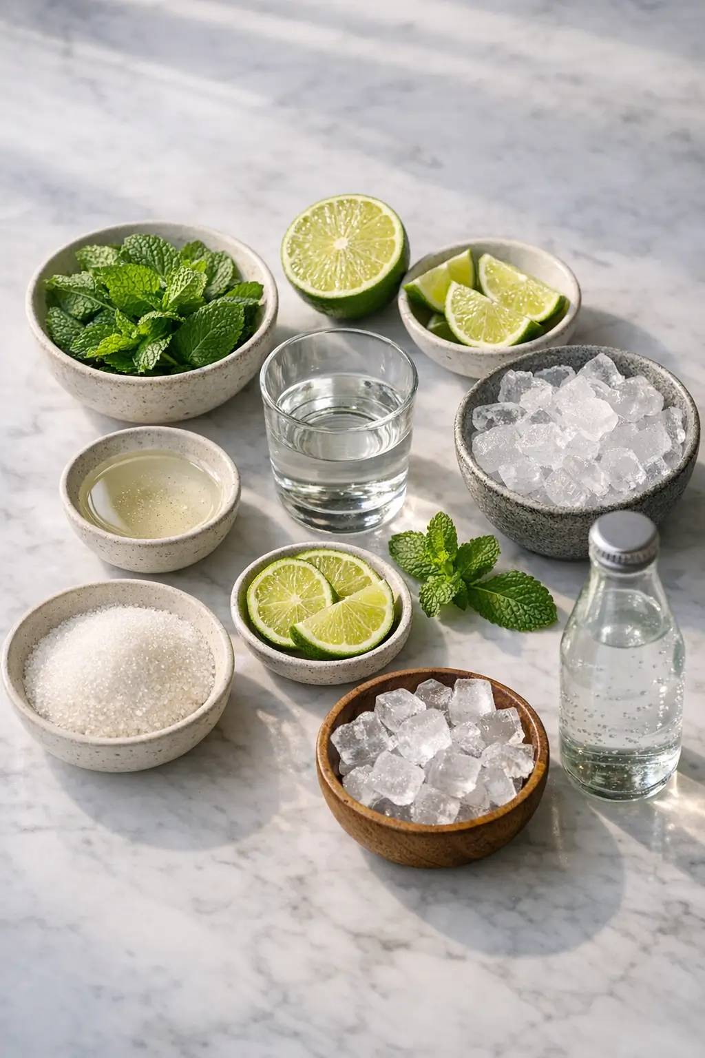 Ingredients for a classic mojito: fresh mint leaves, halved limes, white rum and simple syrup on a kitchen surface