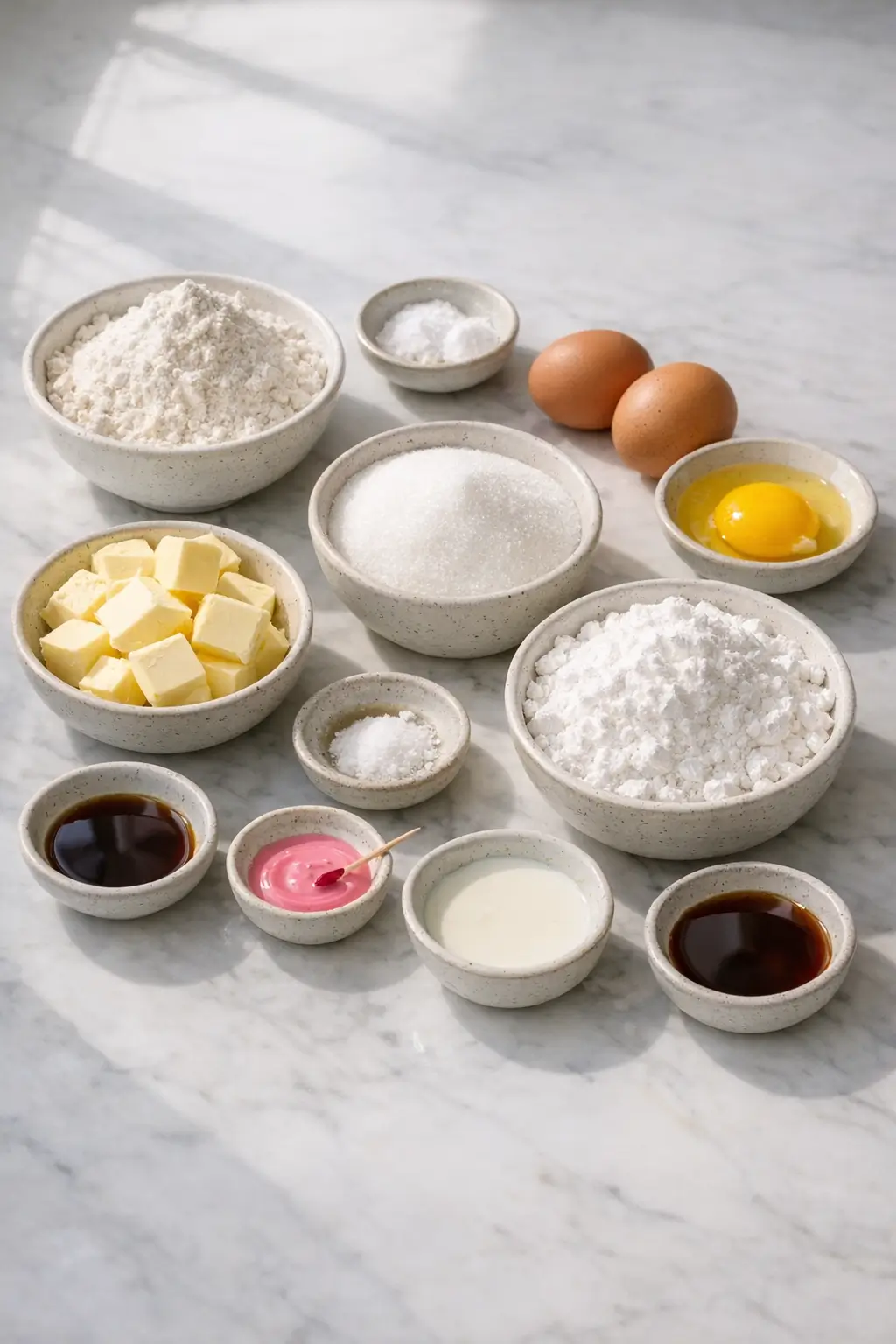 Ingredients for Crumbl-style pink sugar cookies including butter, sugar, eggs, flour, and extracts