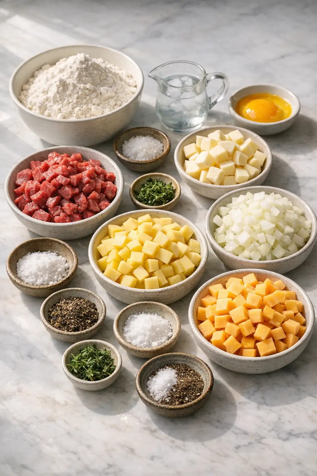Ingredients for traditional Cornish pasty, including diced beef, potatoes, swede, and baking fats on a prep surface