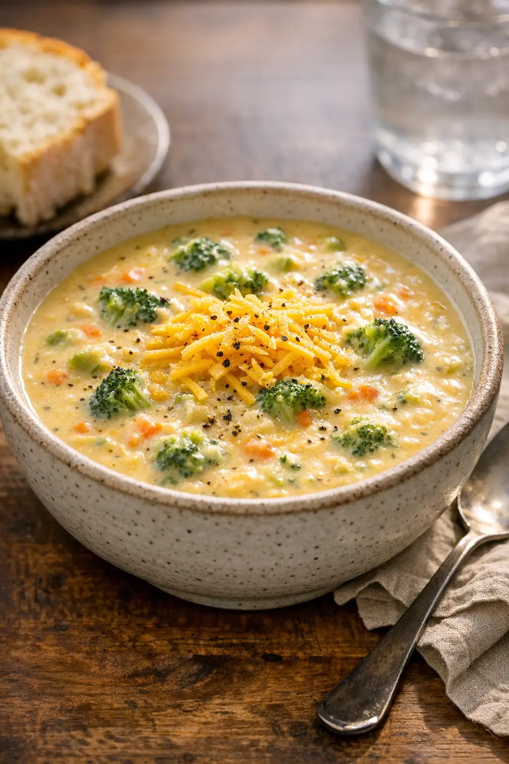 Finished bowl of creamy broccoli cheddar soup garnished with cheese and freshly ground black pepper