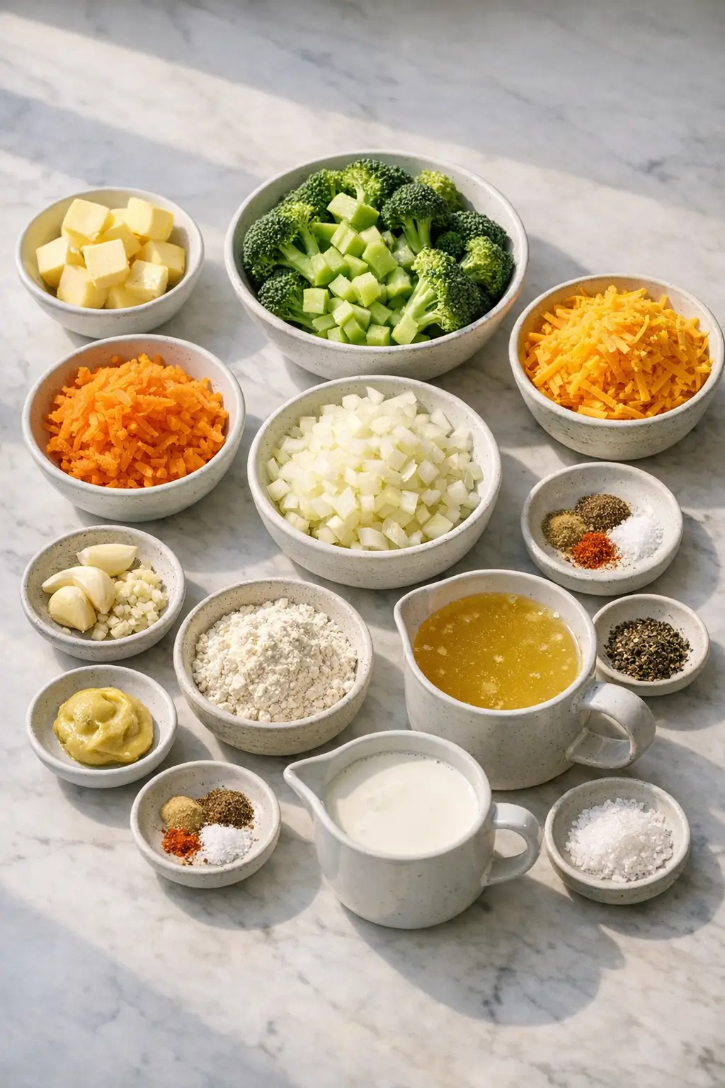 Ingredients laid out for creamy broccoli cheddar soup, featuring fresh vegetables and grated cheese
