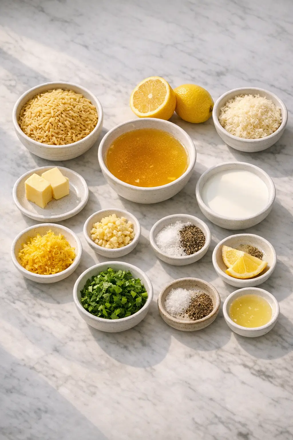 Ingredients for creamy lemon orzo with Parmesan on a cutting board: orzo, grated Parmesan, lemon, garlic, butter, milk, and broth