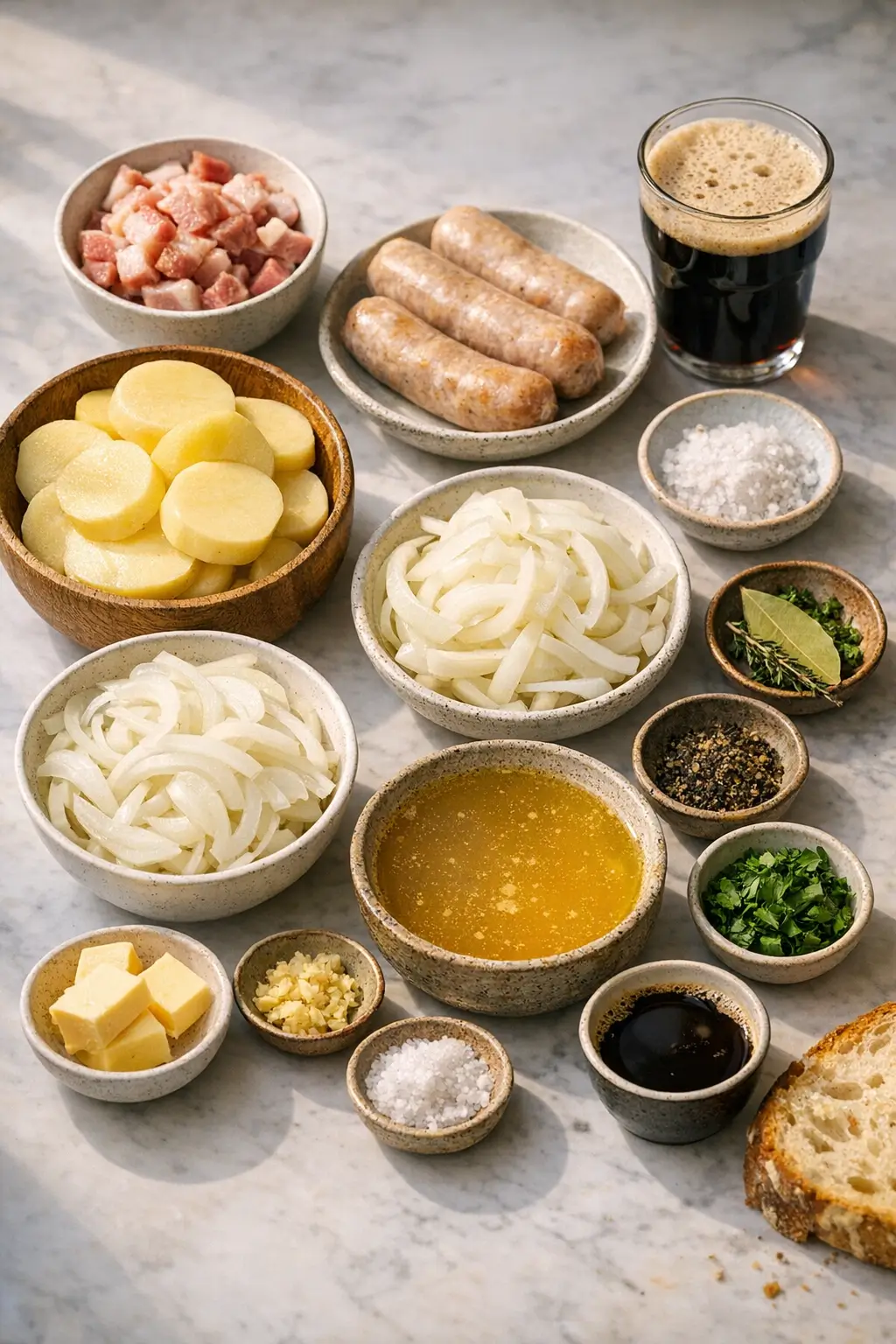 Ingredients for Dublin coddle: thick-cut bacon, pork sausages, sliced onions and potatoes on a counter
