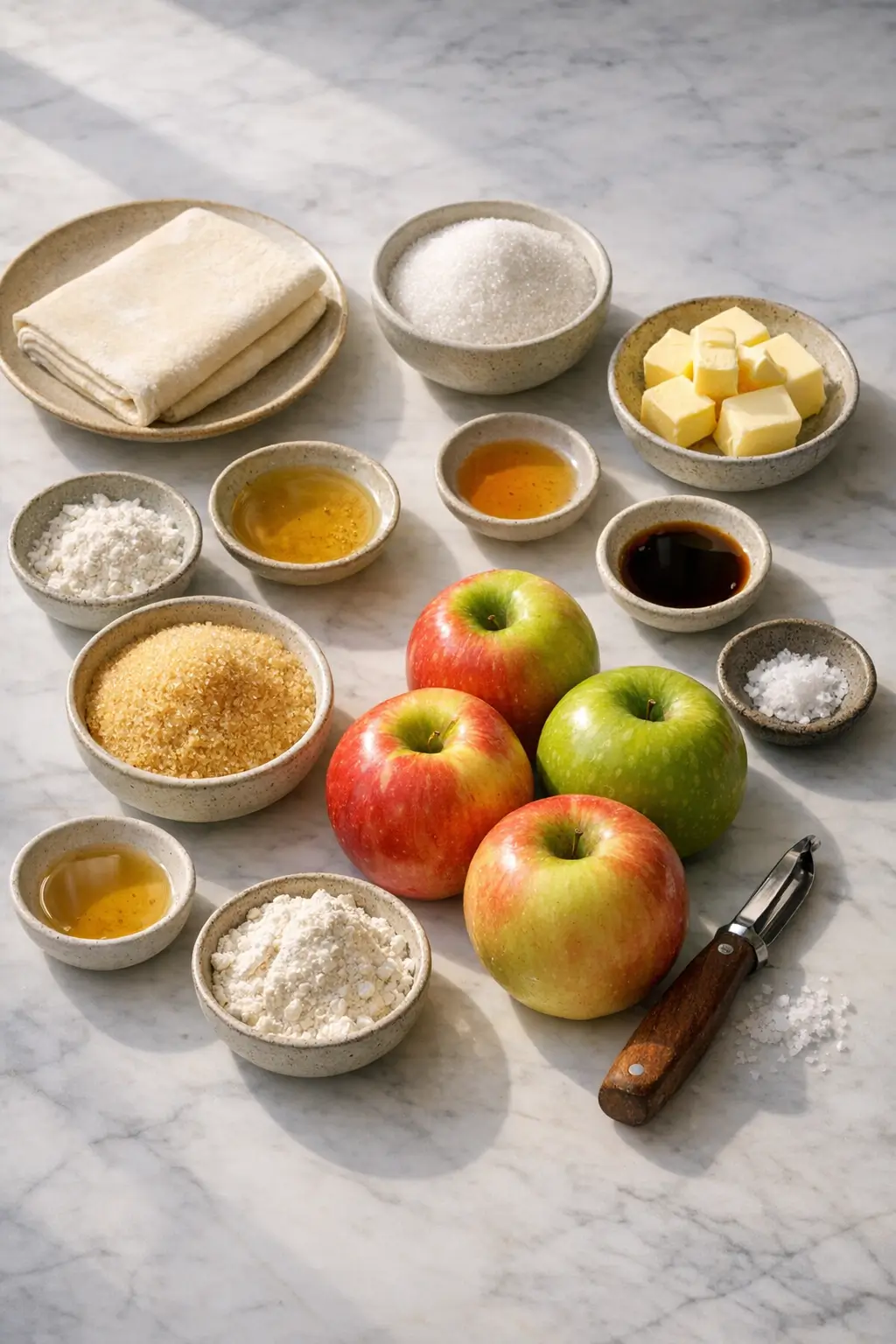 Ingredients for French Apple Tarte Tatin, including apples, puff pastry, butter, and sugar