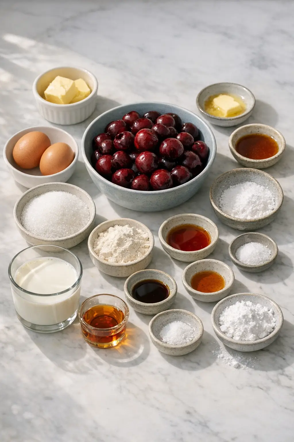 Measured ingredients for making classic French cherry clafoutis