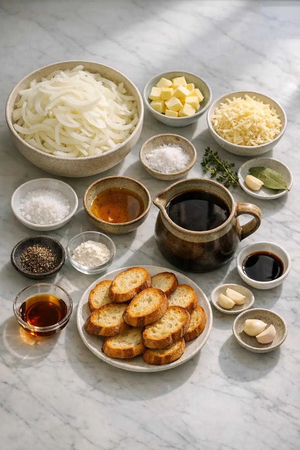 Ingredients for homemade French onion soup with onions, butter, thyme, broth, and Gruyère