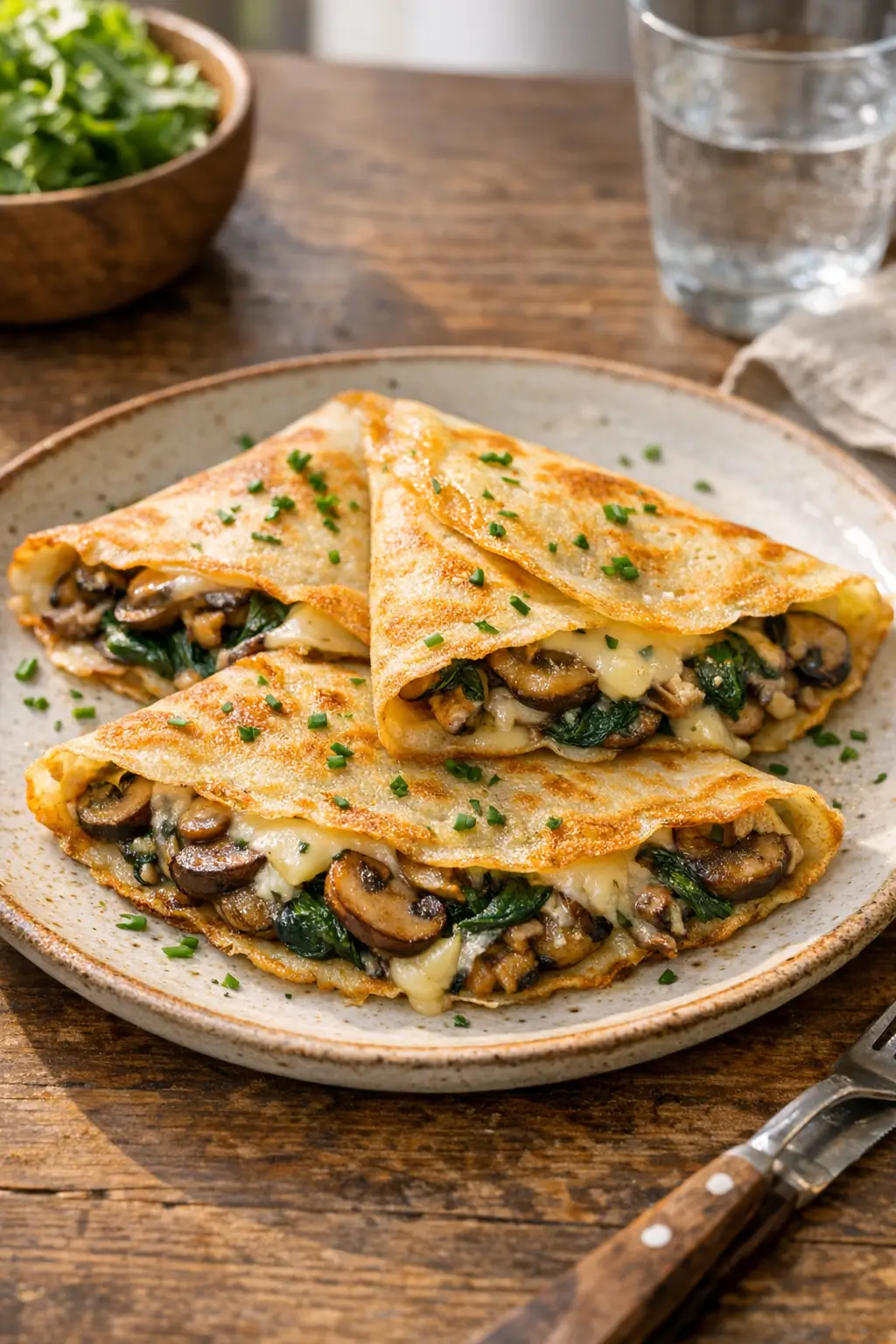 Final plated savory French-style crêpes filled with spinach, mushrooms, and Gruyère cheese