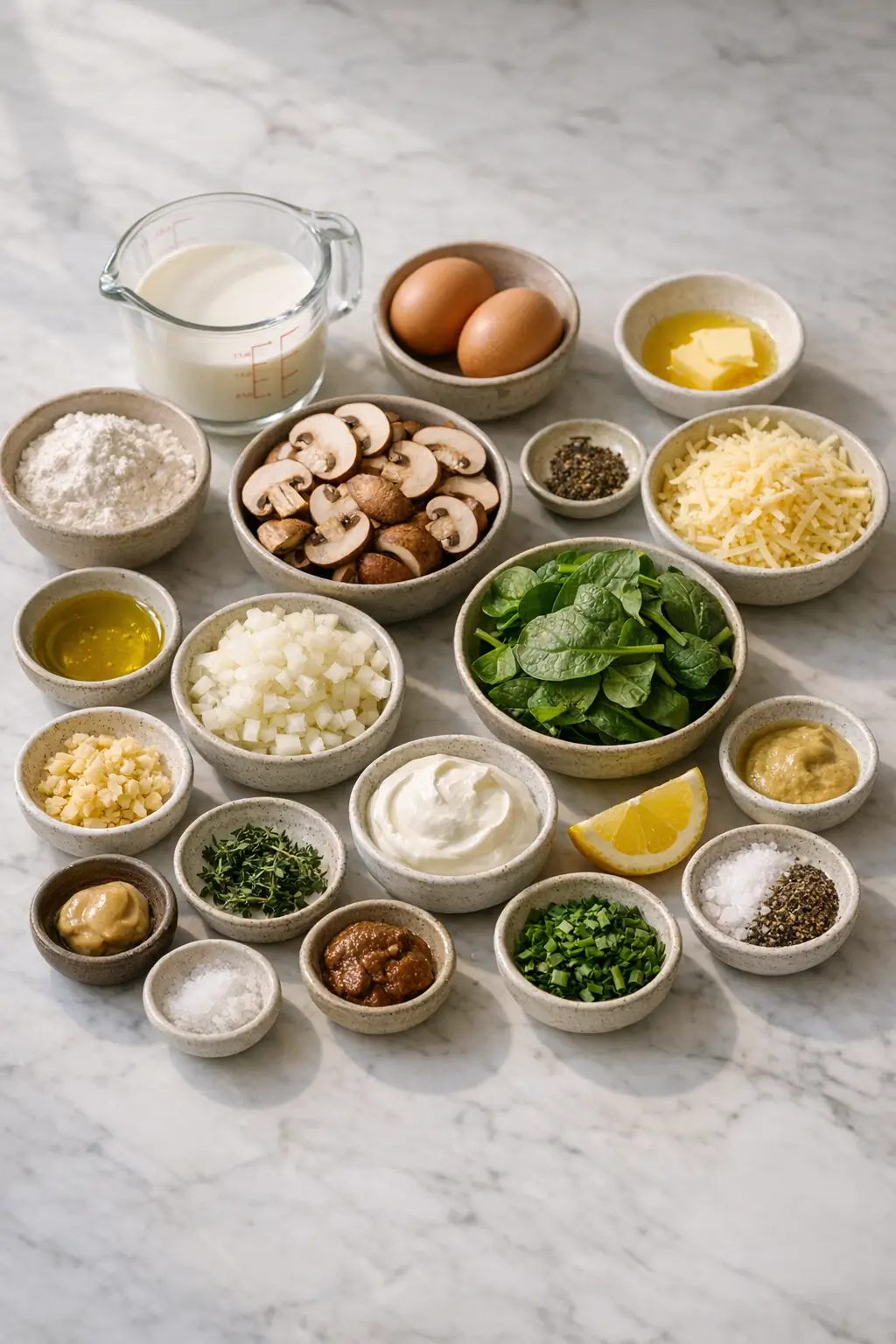 Fresh ingredients for savory crêpes including eggs, flour, mushrooms, spinach, and Gruyère cheese