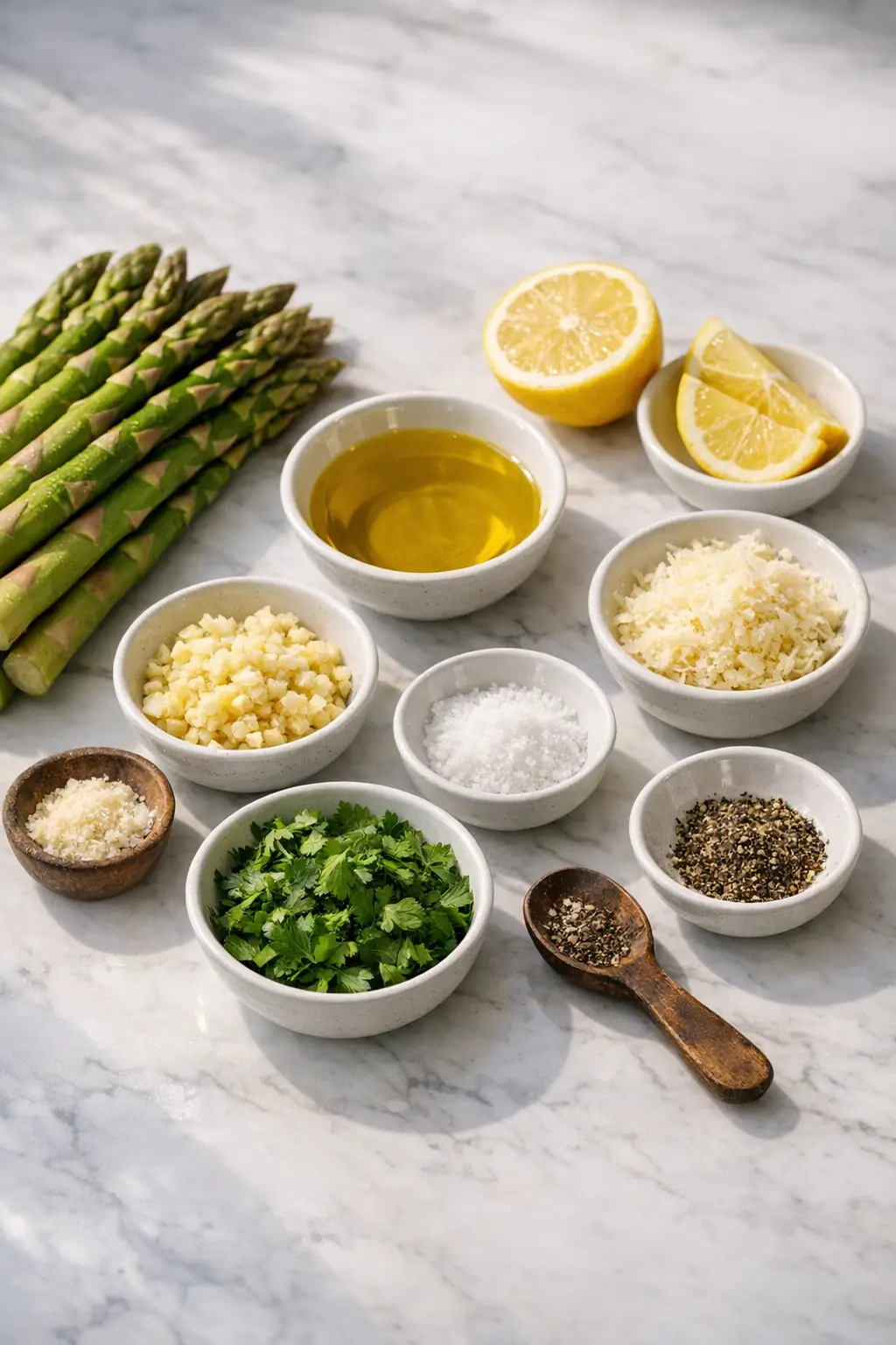 Trimmed asparagus spears with garlic, olive oil, and fresh parsley ready for roasting