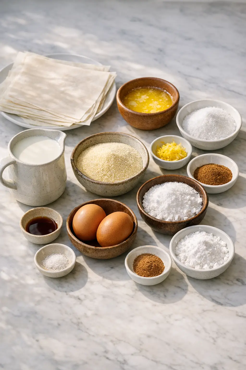 Ingredients for Greek Bougatsa including phyllo dough, semolina, milk, butter, sugar, and lemon zest