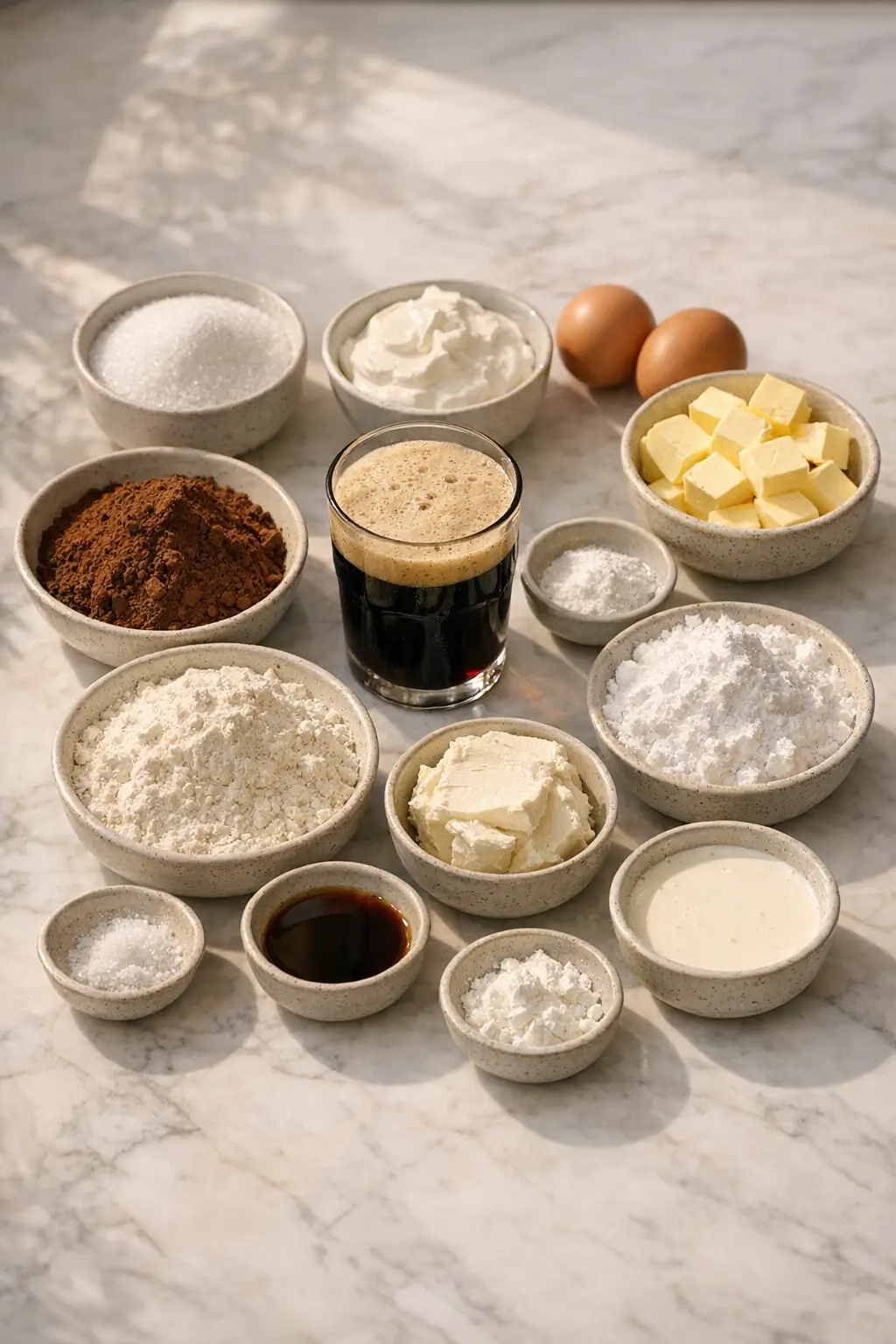 Baking ingredients for Guinness chocolate stout cake arranged on a counter: stout, cocoa, butter, sugar, flour, eggs, sour cream and cream cheese