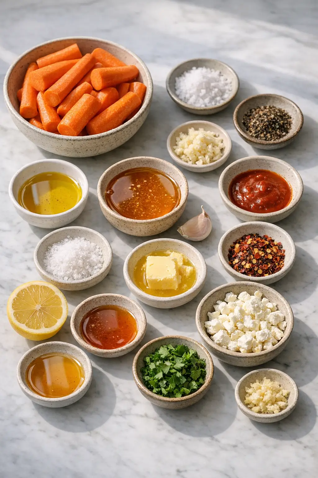 Peeled and trimmed carrots with small bowls of honey, butter, lemon and spices ready for honey-roasted carrots