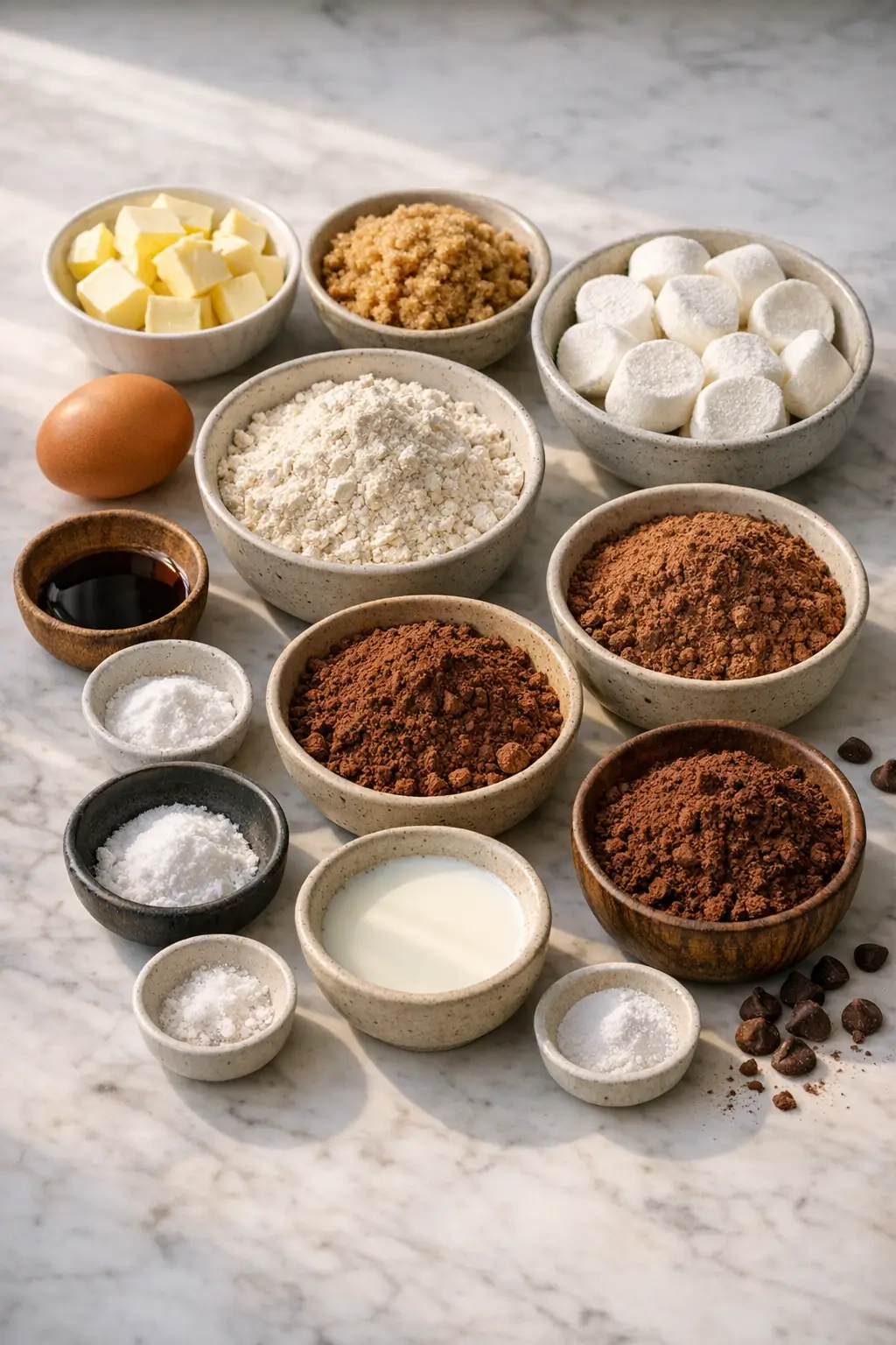 Ingredients for hot cocoa marshmallow-stuffed cookies, including cocoa powder, sugar, flour, and frozen marshmallows