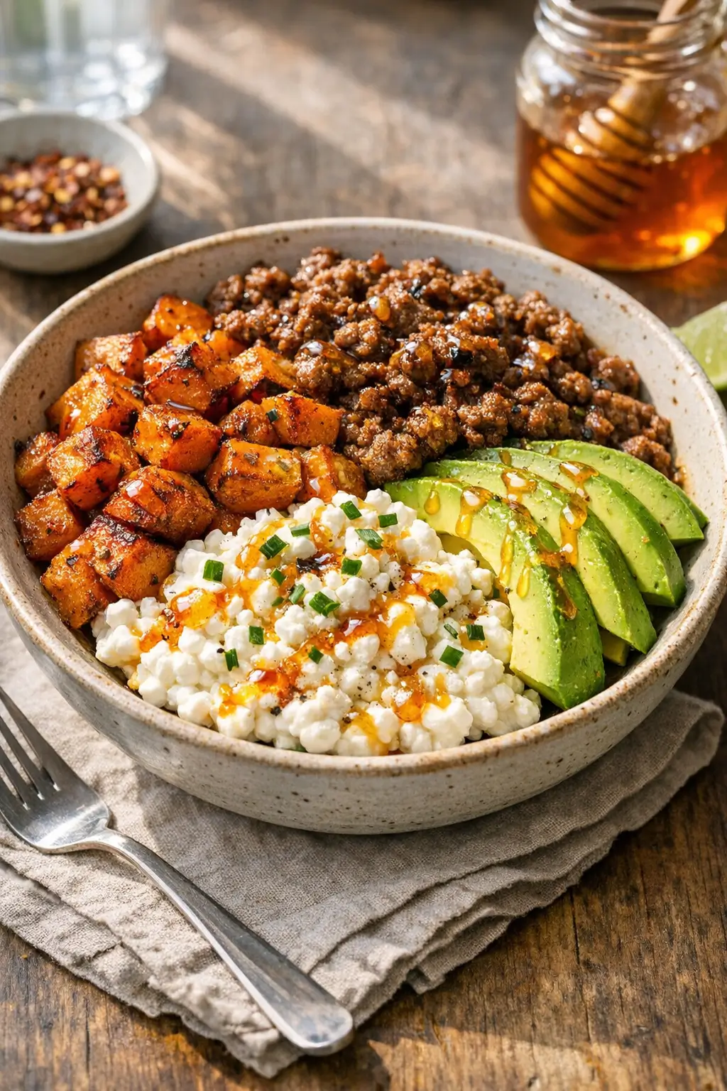 Hot Honey Sweet Potato Beef Bowl, Creamy and Fast