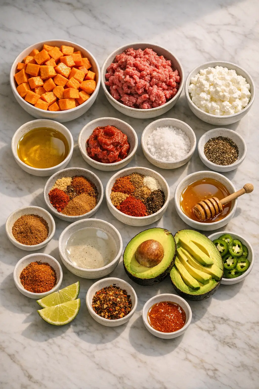 Prepped ingredients for hot honey sweet potato beef bowl including cubed sweet potatoes, ground beef, avocado, and seasonings