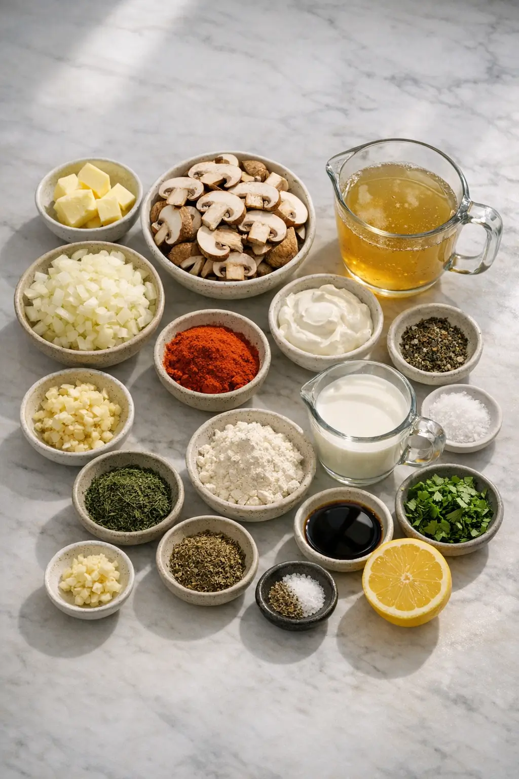 Ingredients for Hungarian Mushroom Soup including mushrooms, paprika, dill, and sour cream