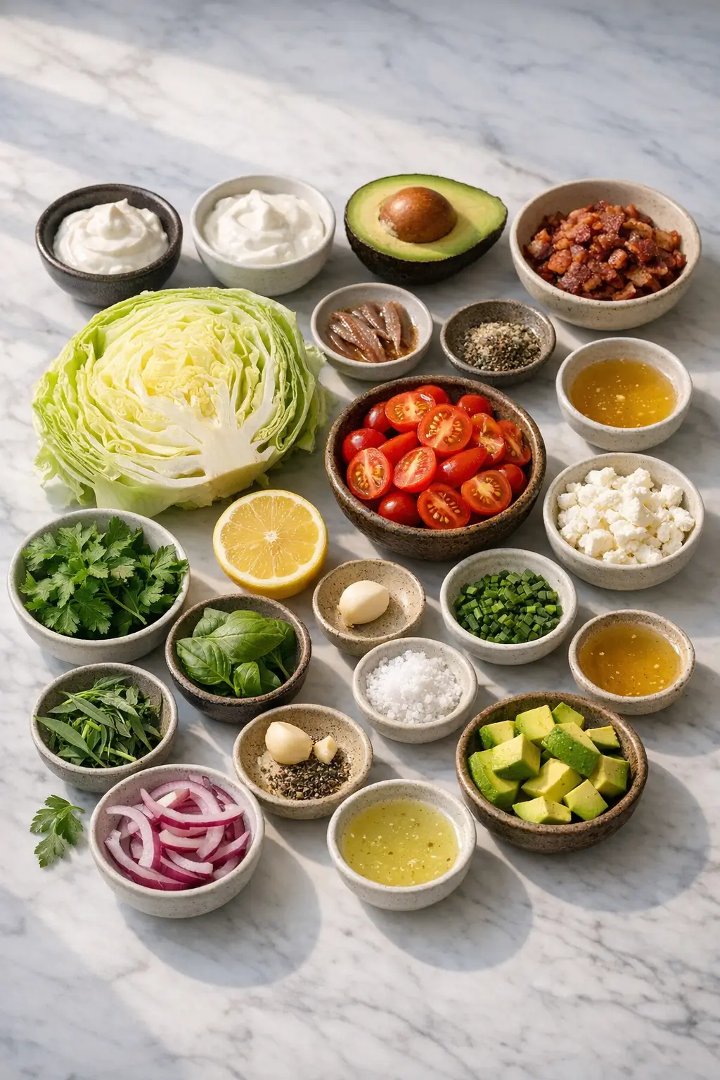 Ingredients laid out for iceberg wedge salad with green goddess dressing: lettuce, herbs, avocado, mayo, yogurt, lemons and tomatoes
