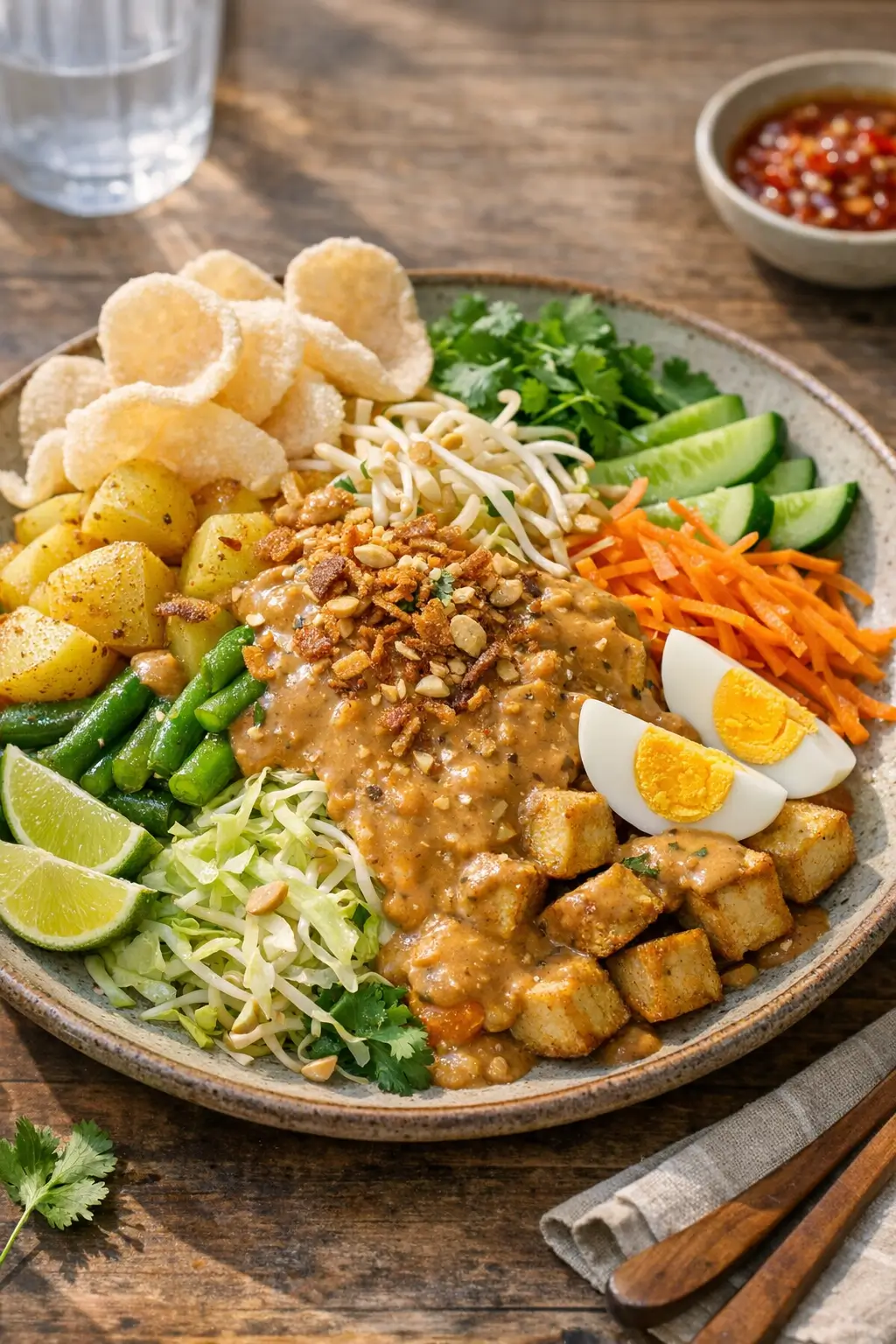Colorful platter of Indonesian gado-gado salad drizzled with peanut sauce and topped with eggs and fried shallots