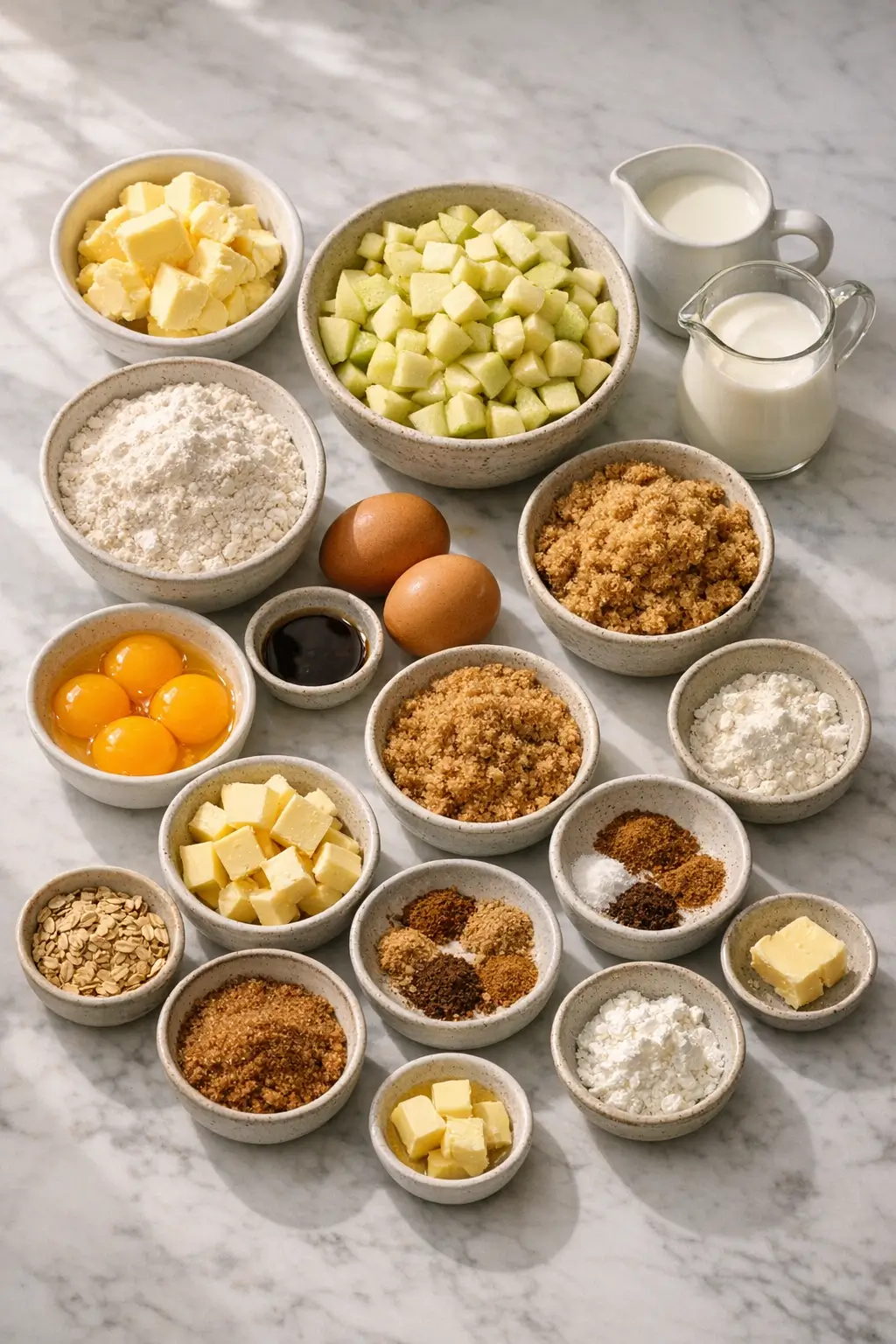 Measured ingredients for Irish apple cake and brown sugar custard on a work surface: butter, brown sugar, flour, eggs, milk, and chopped apples