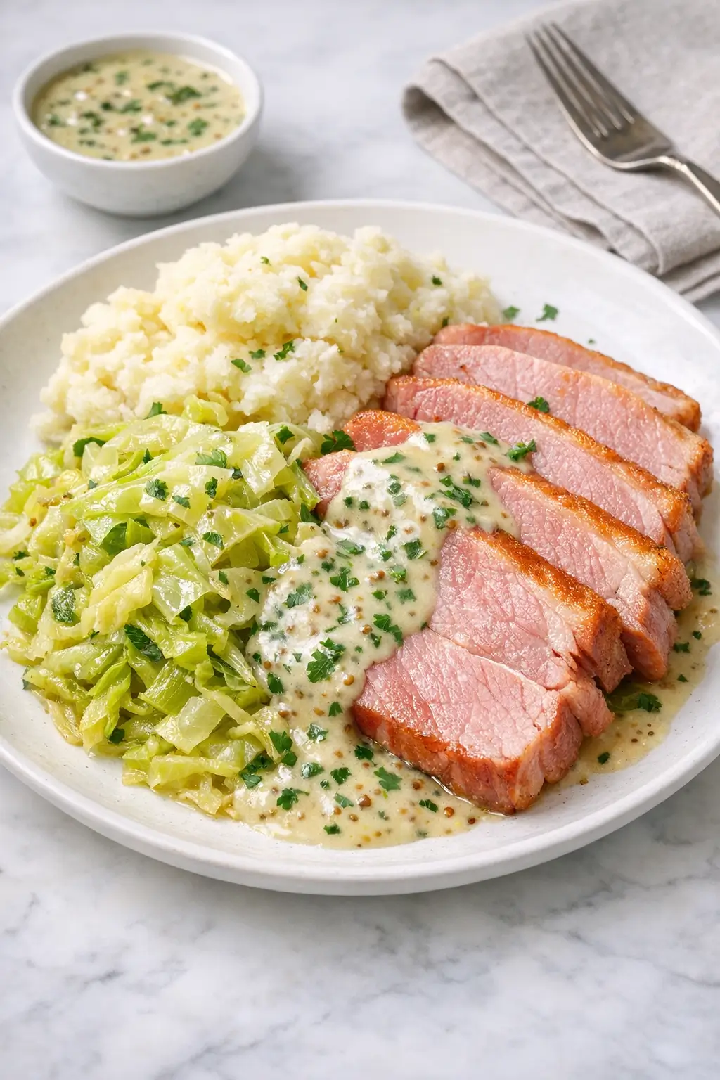 Irish Bacon and Cabbage with Parsley Mustard Sauce
