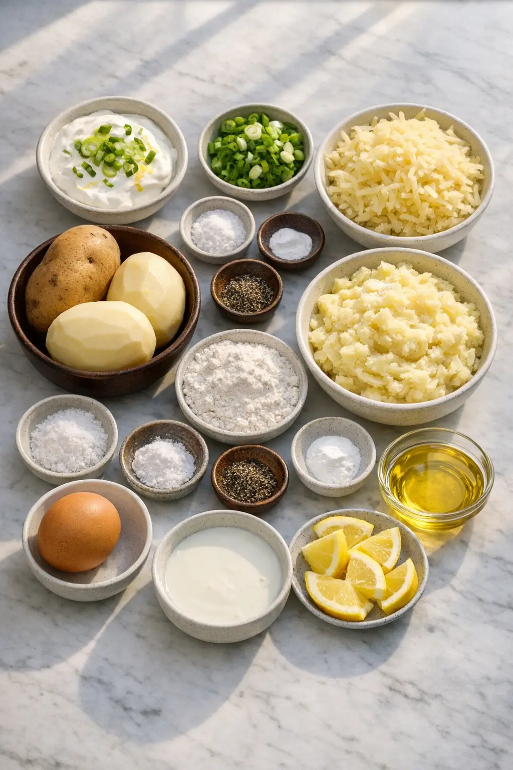 Ingredients for Irish boxty potato pancakes with scallion sour cream displayed on a countertop