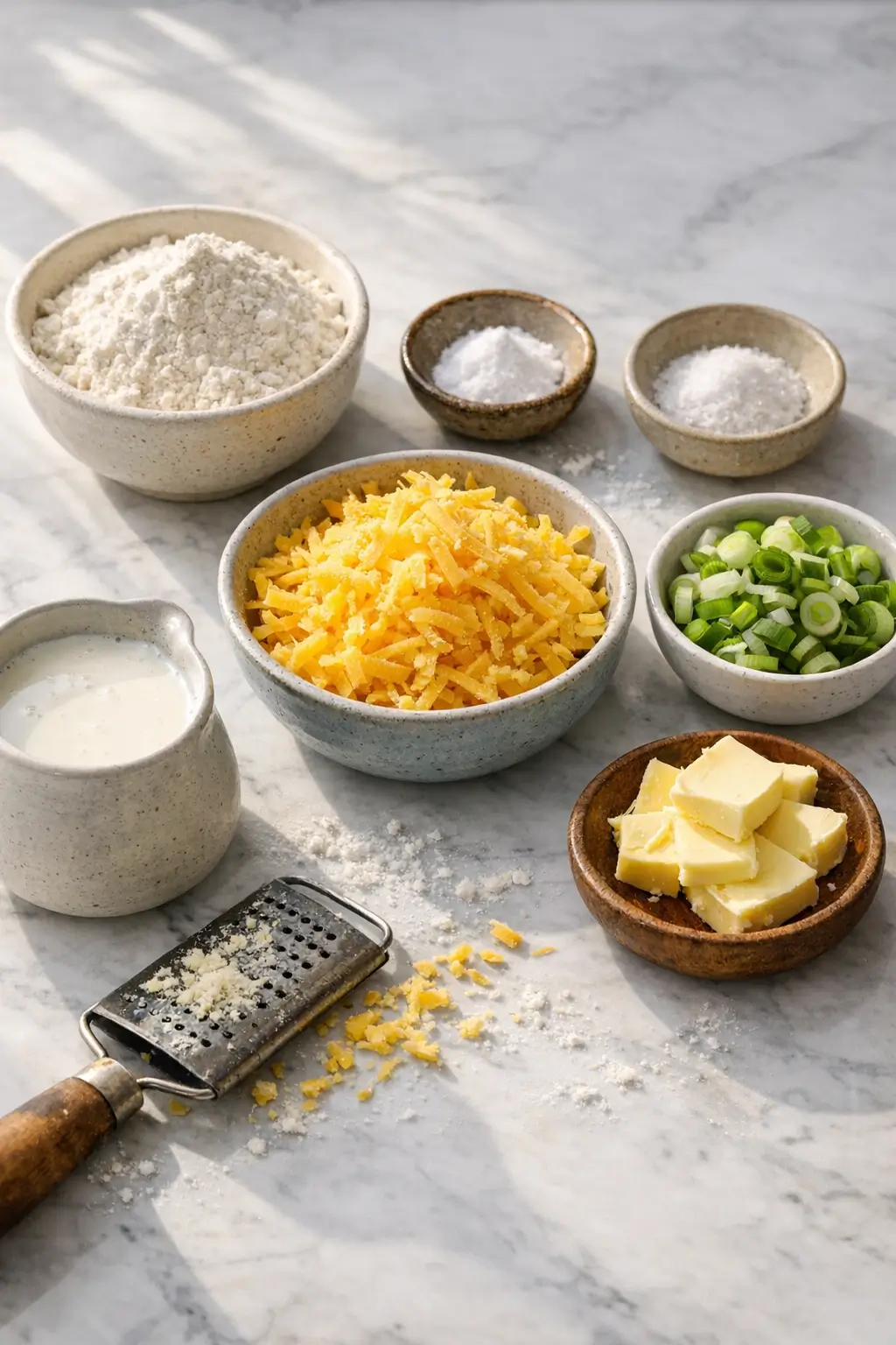 Measured ingredients on a counter: flour, grated cheddar, sliced scallions and a cup of buttermilk for Irish cheddar-scallion soda farls