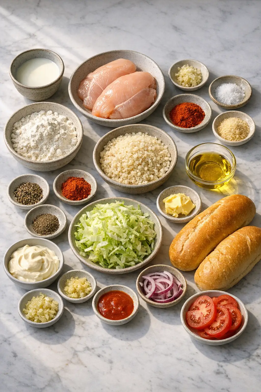Ingredients for an Irish chicken fillet roll laid out: chicken breasts, buttermilk, flour, panko, mayonnaise, rolls and shredded lettuce