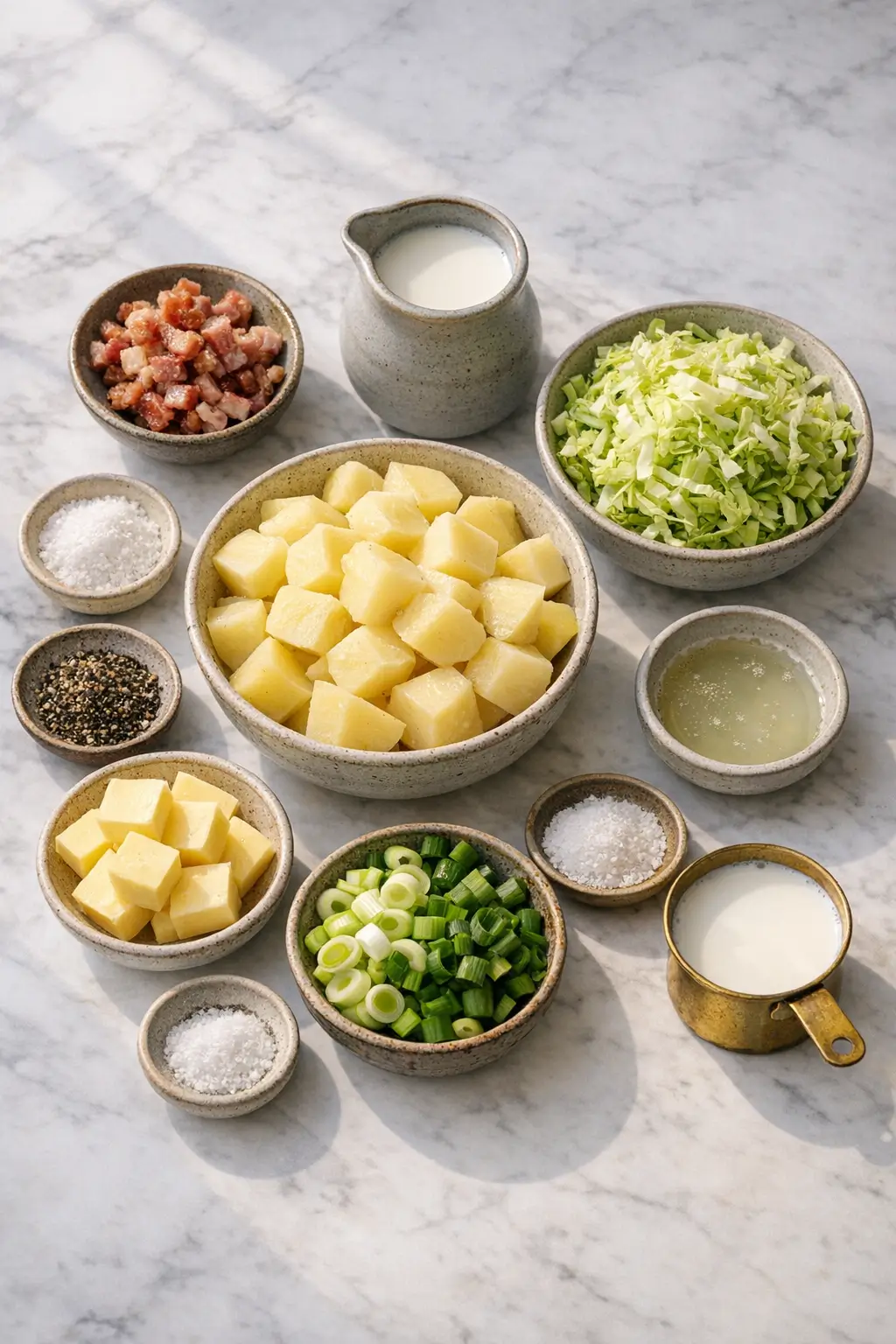 Ingredients for Irish colcannon laid out: peeled potatoes, shredded cabbage, scallions, butter and milk