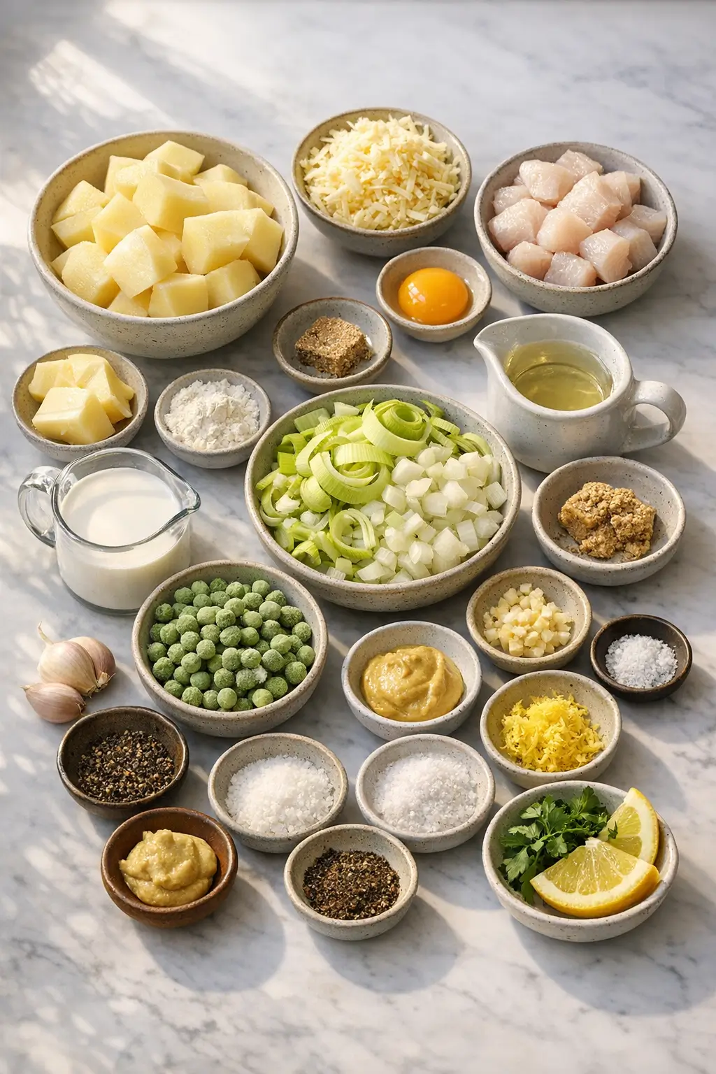 Ingredients for Irish fish pie: potatoes, leeks, cheddar, white fish, peas and seasonings on a kitchen counter